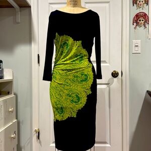 BCBGMaxazria Black dress with green/ lime color design in perfect condition